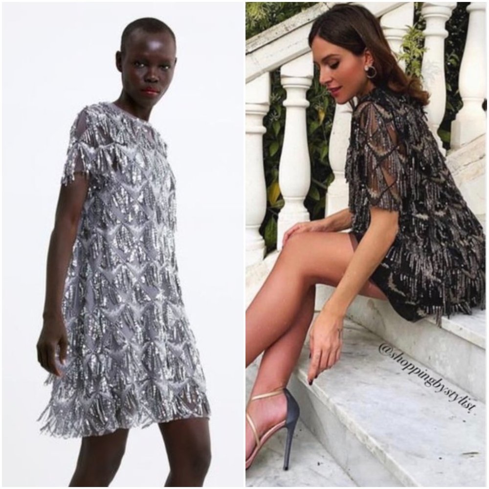 ZARA LIMITED EDITION CHIFFON MESH FRINGED SILVER SEQUIN DRESS